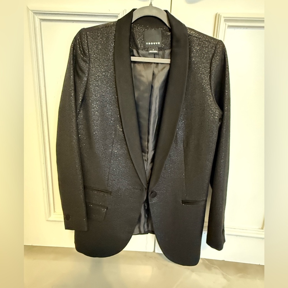 Trouve Black Shimmering Glitter Tuxedo Jacket Blazer, Women's Size SMALL